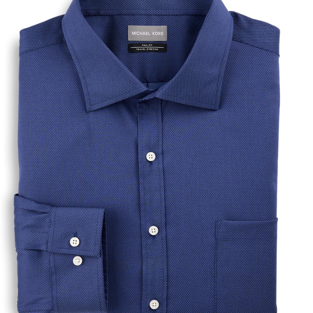 Michael Kors Blue Textured Spread-Collar Dress Shirt